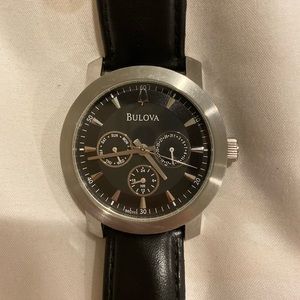 Men’s Bulova Black Leather Band Watch